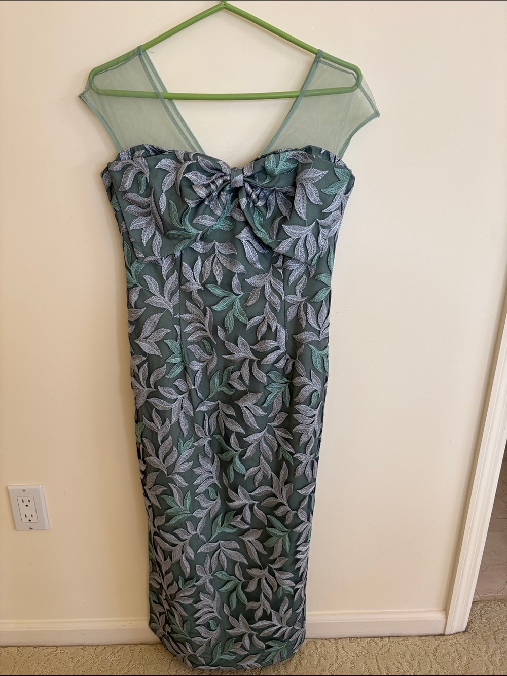 JS Collections Green and Silver Leaf-Pattern Midi Dress with Sheer Yoke